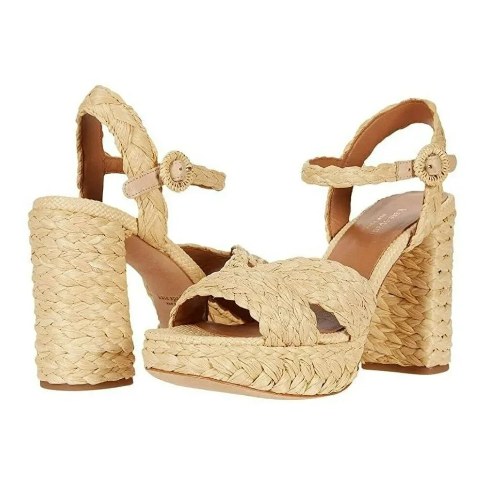 Kate Spade Disco Raffia Sandal Platform Nude Block Heel Ankle Strap Size 7B